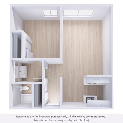 Floor plan for 1 bed, 1 bath, 550 sqft